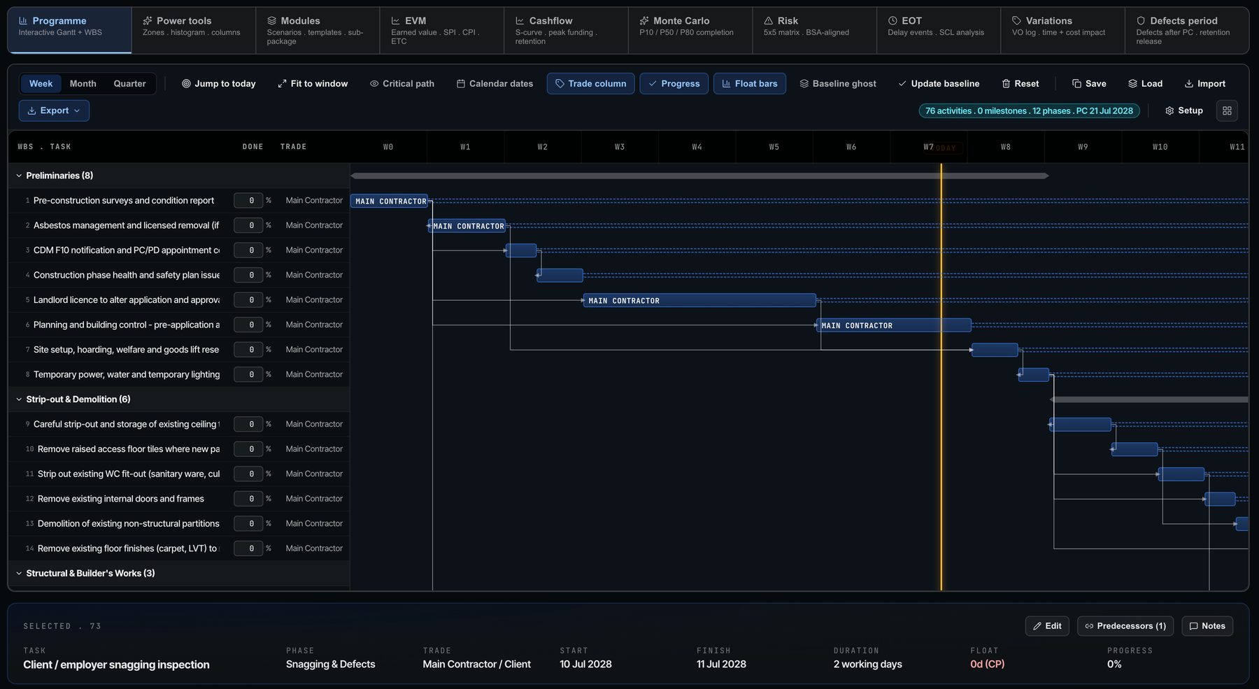 The Programme Creator Gantt with task logic, phases and float bars