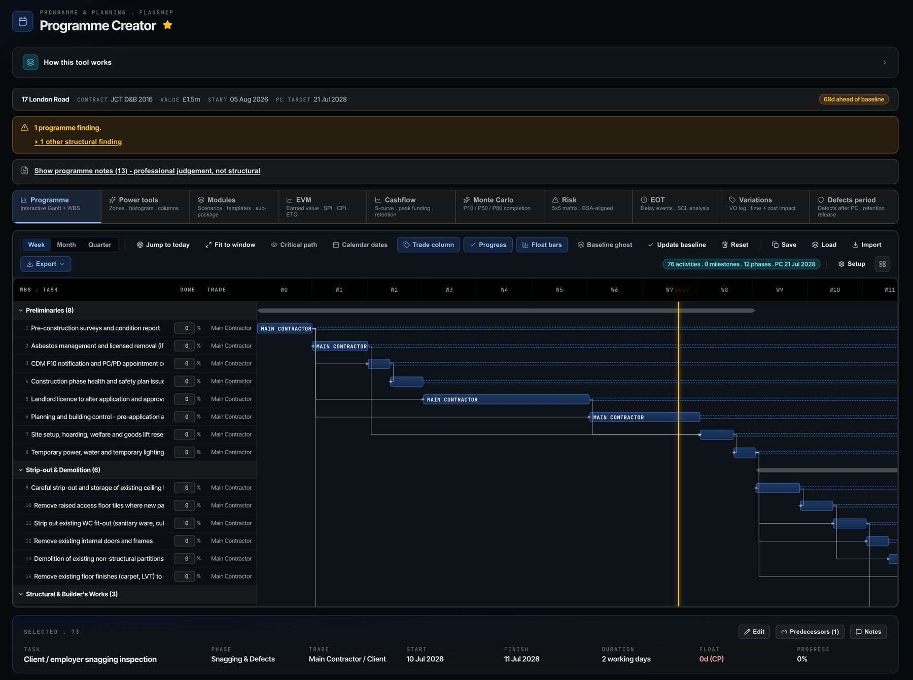 Programme Creator: interactive Gantt with task logic, float bars and tabs for EVM, cashflow, Monte Carlo and more