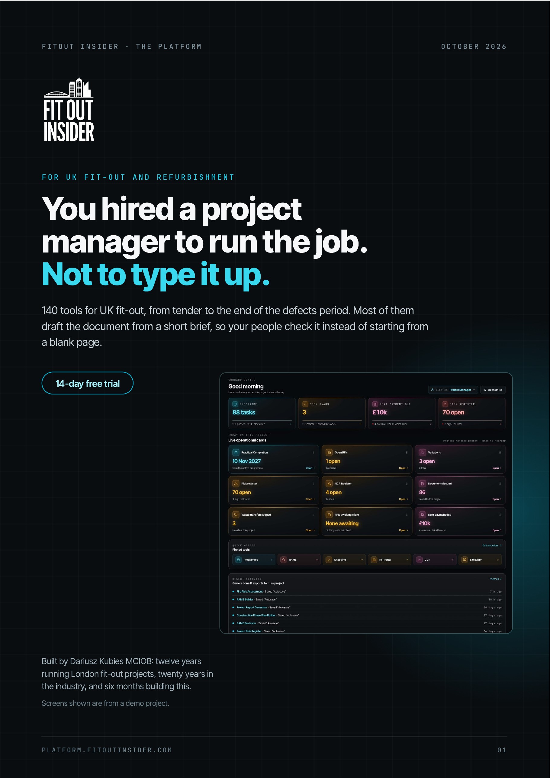 Cover of the FitOut Insider platform brochure, October 2026